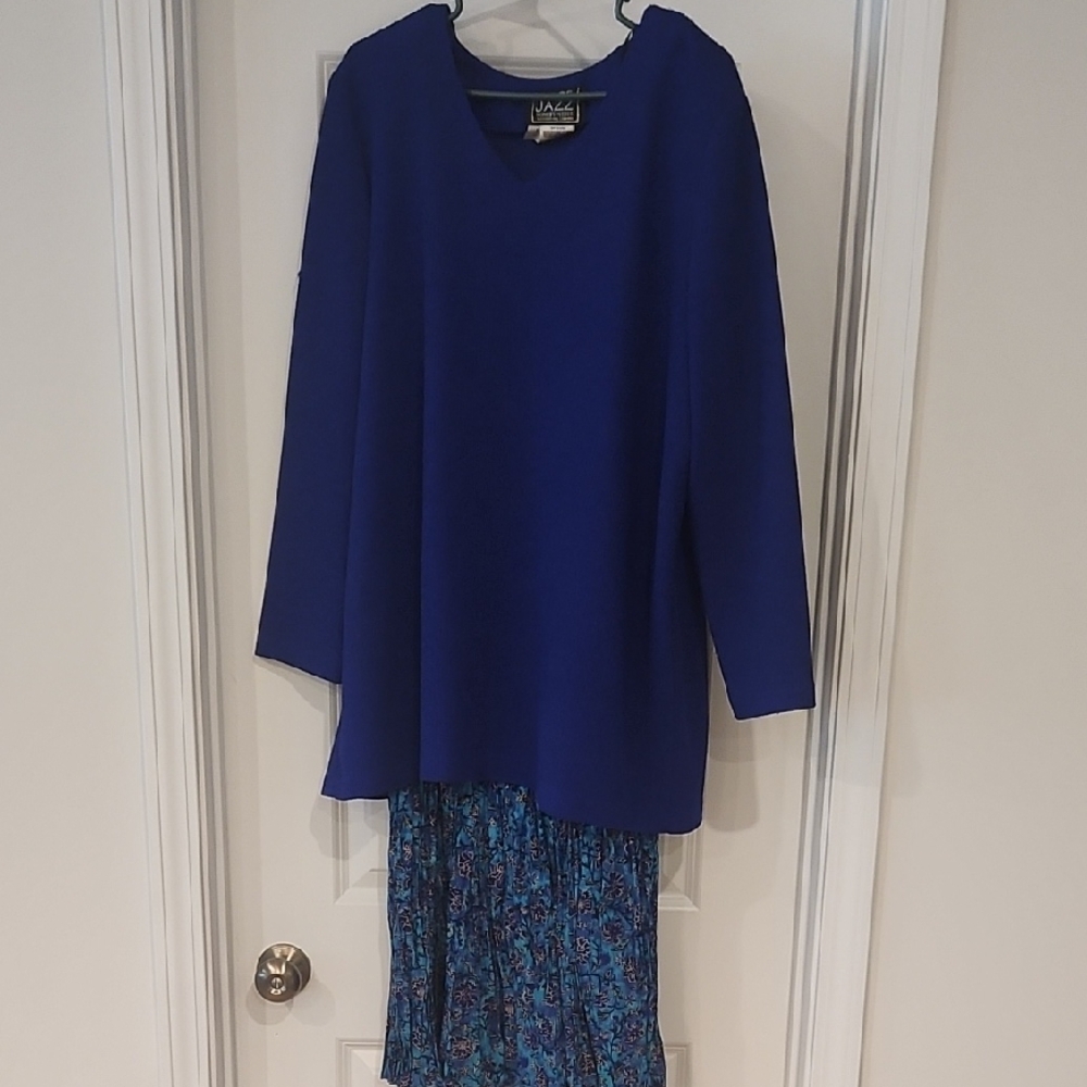 Blue V-Neck Top and Patterned Skirt Set
